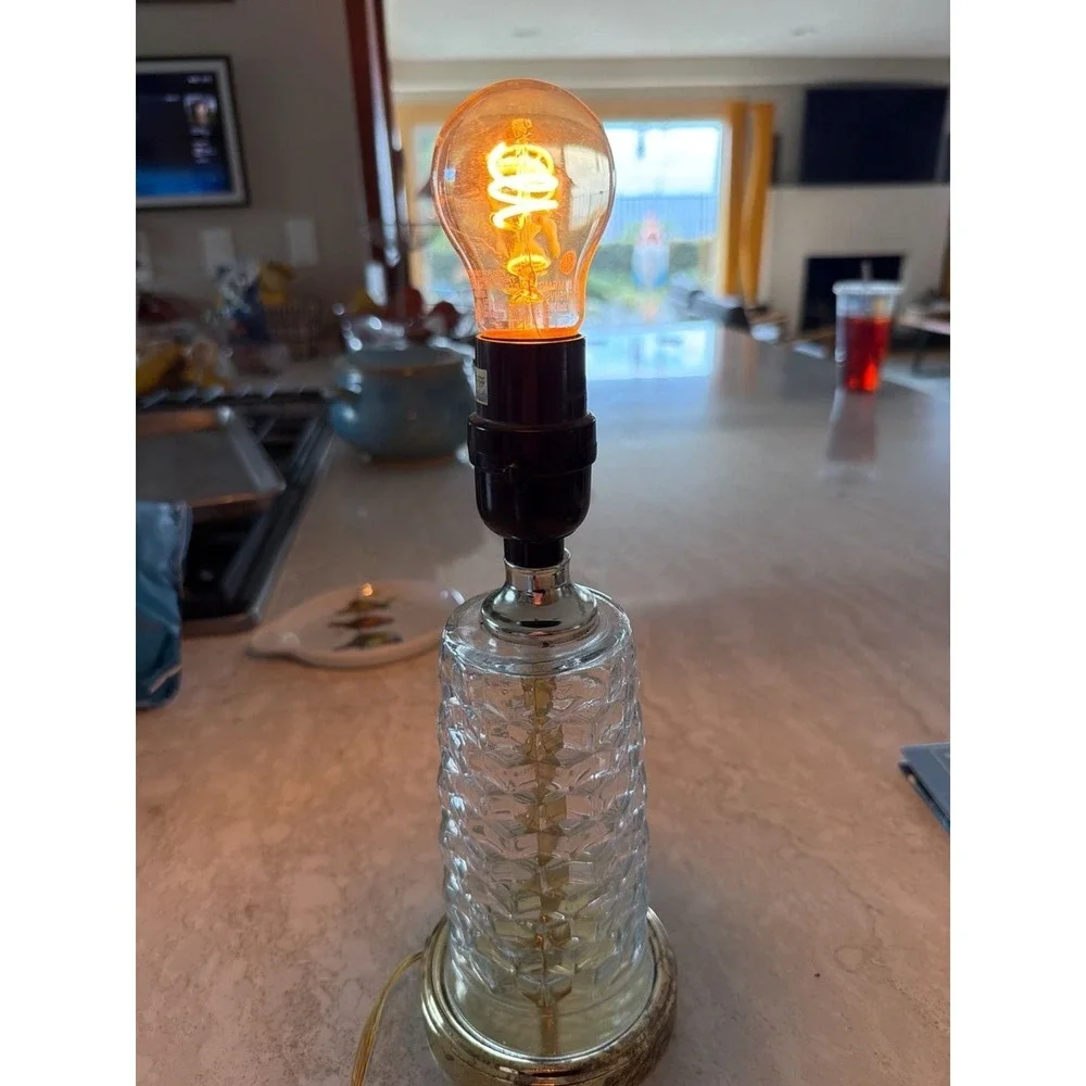 Vintage Mid-Century Modern Hexagon Pattern Clear Glass Table Lamp with Brass Bas